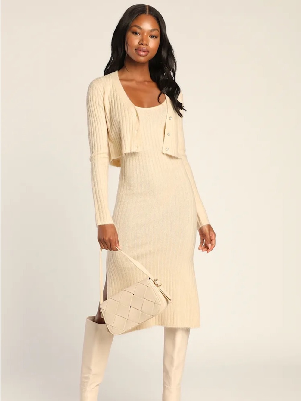 Lulus Iconic Duo Cream Ribbed Knit Two-Piece Midi Sweater Dress